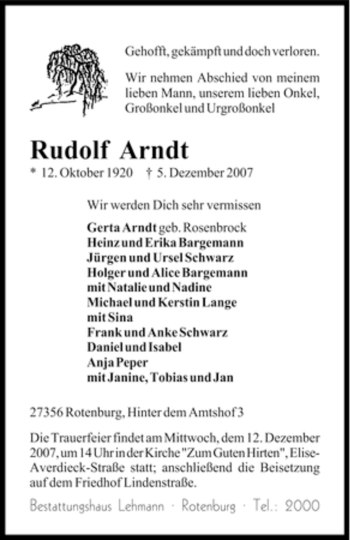 Traueranzeige von Rudolf Arndt von KREISZEITUNG SYKE