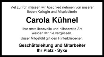 Traueranzeige von Carola Kühnel von KREISZEITUNG SYKE