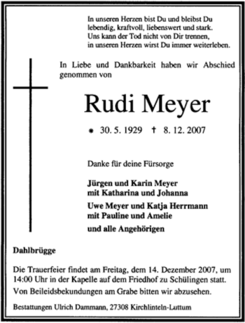 Traueranzeige von Rudi Meyer von KREISZEITUNG SYKE