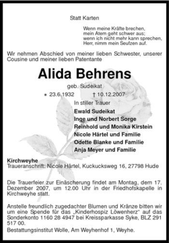 Traueranzeige von Alida Behrens von KREISZEITUNG SYKE