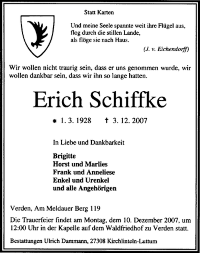  Traueranzeige für Erich Schiffke vom 05.12.2007 aus KREISZEITUNG SYKE