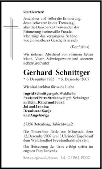 Traueranzeige von Gerhard Schnittger von KREISZEITUNG SYKE