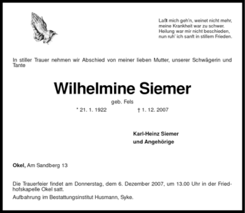Traueranzeige von Wilhelmine Siemer von KREISZEITUNG SYKE