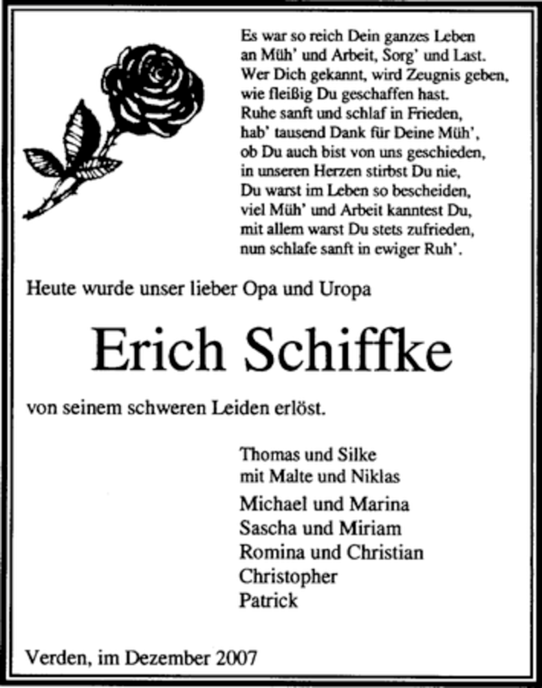  Traueranzeige für Erich Schiffke vom 05.12.2007 aus KREISZEITUNG SYKE