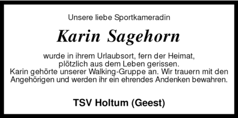  Traueranzeige für Karin Sagehorn vom 12.12.2007 aus KREISZEITUNG SYKE