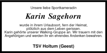 Traueranzeige von Karin Sagehorn von KREISZEITUNG SYKE