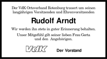 Traueranzeige von Rudolf Arndt von KREISZEITUNG SYKE