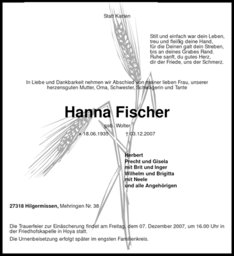  Traueranzeige für Hanna Fischer vom 05.12.2007 aus KREISZEITUNG SYKE