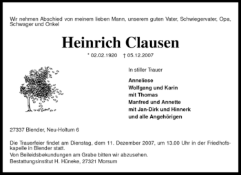 Traueranzeige von Heinrich Clausen von KREISZEITUNG SYKE