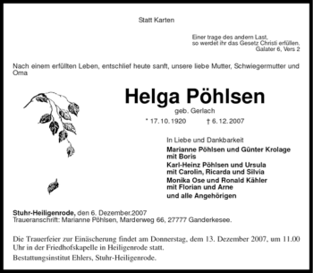 Traueranzeige von Helga Pöhlsen von KREISZEITUNG SYKE