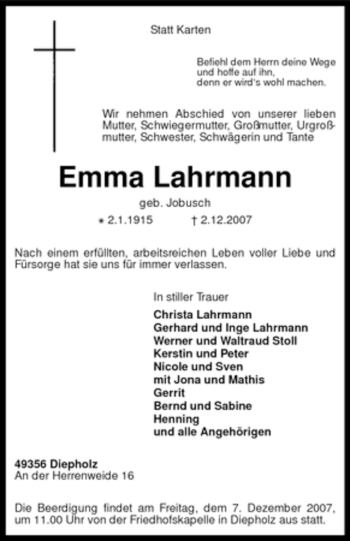 Traueranzeige von Emma Lahrmann von KREISZEITUNG SYKE