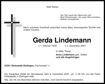 Traueranzeige von Gerda Lindemann von KREISZEITUNG SYKE