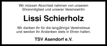 Traueranzeige von Lissi Schierholz von KREISZEITUNG SYKE