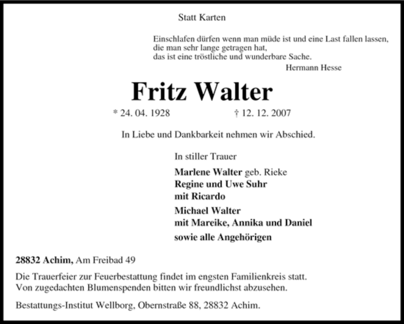  Traueranzeige für Fritz Walter vom 15.12.2007 aus KREISZEITUNG SYKE