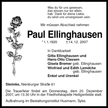 Traueranzeige von Paul Ellinghausen von KREISZEITUNG SYKE