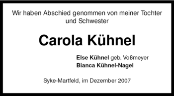 Traueranzeige von Carola Kühnel von KREISZEITUNG SYKE