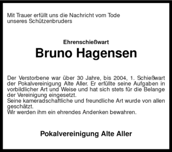 Traueranzeige von Bruno Hagensen von KREISZEITUNG SYKE