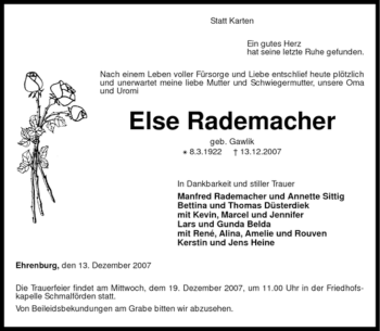 Traueranzeige von Else Rademacher von KREISZEITUNG SYKE