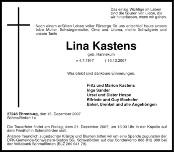 Traueranzeige von Lina Kastens von KREISZEITUNG SYKE