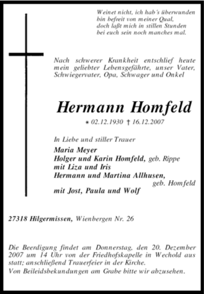  Traueranzeige für Hermann Homfeld vom 18.12.2007 aus KREISZEITUNG SYKE