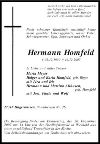 Traueranzeige von Hermann Homfeld von KREISZEITUNG SYKE