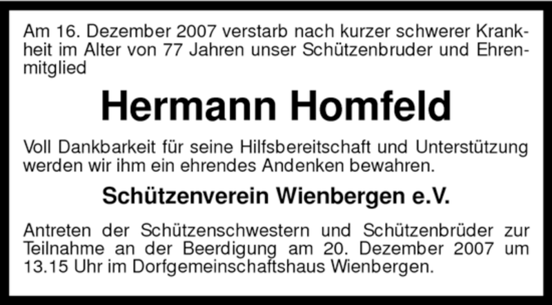  Traueranzeige für Hermann Homfeld vom 19.12.2007 aus KREISZEITUNG SYKE