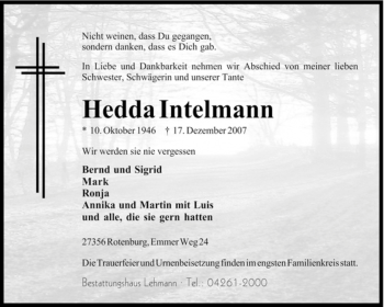 Traueranzeige von Hedda Intelmann von KREISZEITUNG SYKE