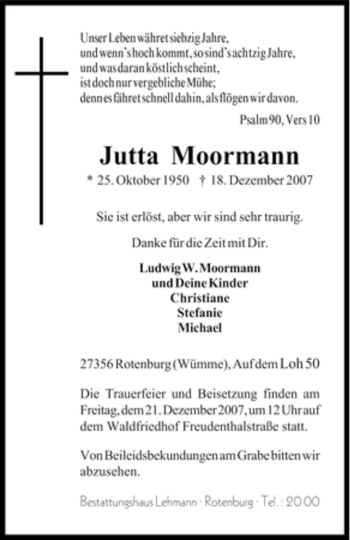 Traueranzeige von Jutta Moormann von KREISZEITUNG SYKE