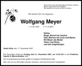 Traueranzeige von Wolfgang Meyer von KREISZEITUNG SYKE