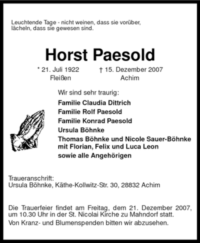  Traueranzeige für Horst Paesold vom 20.12.2007 aus KREISZEITUNG SYKE