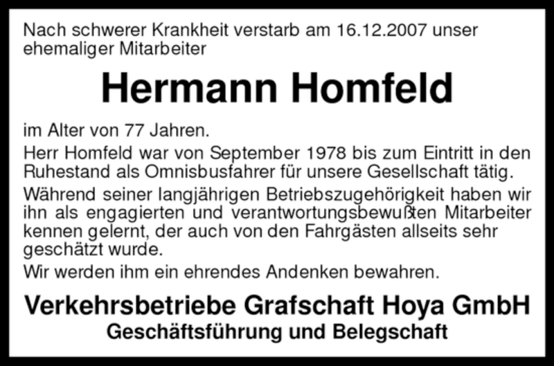  Traueranzeige für Hermann Homfeld vom 20.12.2007 aus KREISZEITUNG SYKE