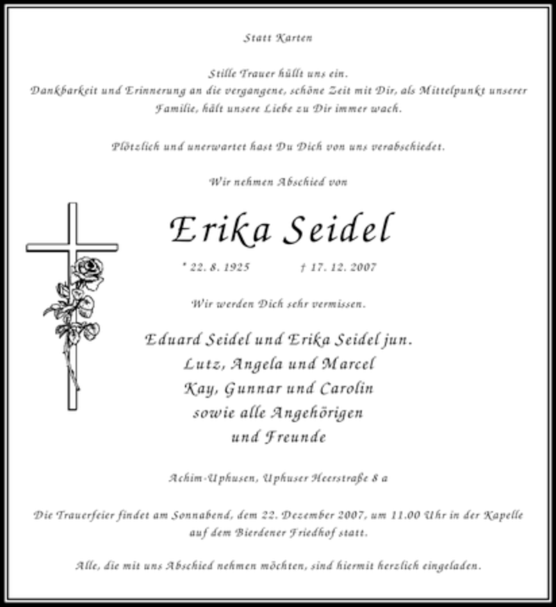 Traueranzeige für Erika Seidel vom 20.12.2007 aus KREISZEITUNG SYKE