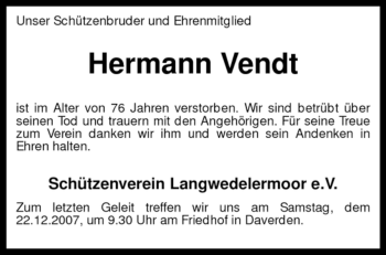 Traueranzeige von Hermann Vendt von KREISZEITUNG SYKE