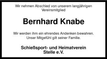 Traueranzeige von Bernhard Knabe von KREISZEITUNG SYKE