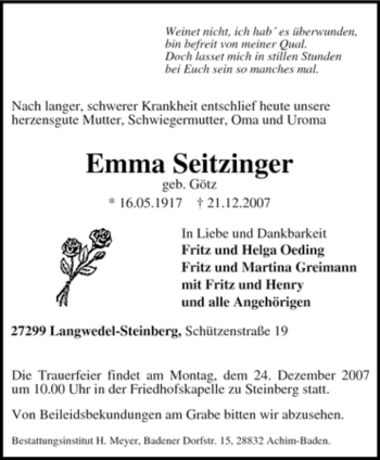 Traueranzeige von Emma Seitzinger von KREISZEITUNG SYKE