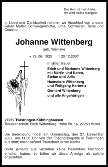 Traueranzeige von Johanne Wittenberg von KREISZEITUNG SYKE
