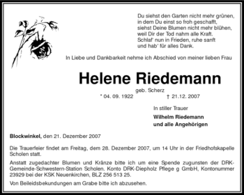 Traueranzeige von Helene Riedemann von KREISZEITUNG SYKE