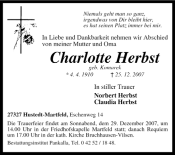 Traueranzeige von Charlotte Herbst von KREISZEITUNG SYKE