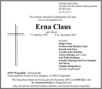 Traueranzeige von Erna Claus von KREISZEITUNG SYKE