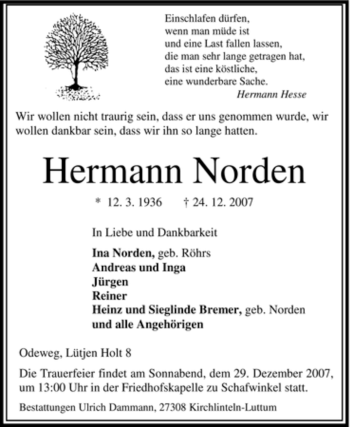 Traueranzeige von Hermann Norden von KREISZEITUNG SYKE