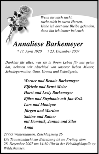 Traueranzeige von Anneliese Barkemeyer von KREISZEITUNG SYKE