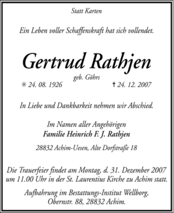 Traueranzeige von Gertrud Rathjen von KREISZEITUNG SYKE