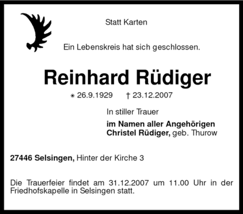  Traueranzeige für Reinhard Rüdiger vom 28.12.2007 aus KREISZEITUNG SYKE