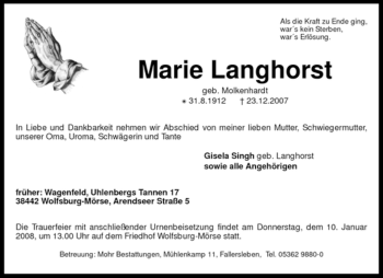 Traueranzeige von Marie Langhorst von KREISZEITUNG SYKE