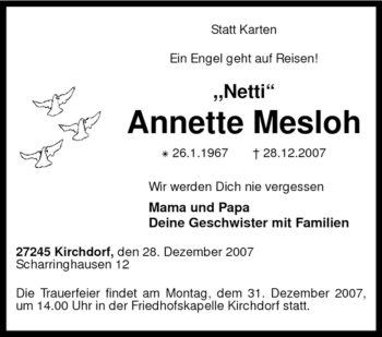 Traueranzeige von Annette Mesloh von KREISZEITUNG SYKE