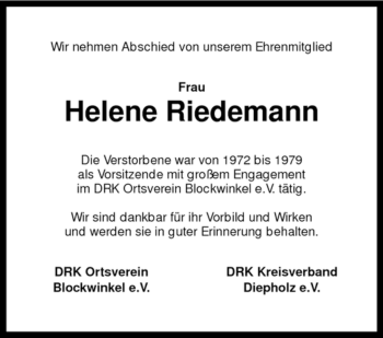 Traueranzeige von Helene Riedemann von KREISZEITUNG SYKE