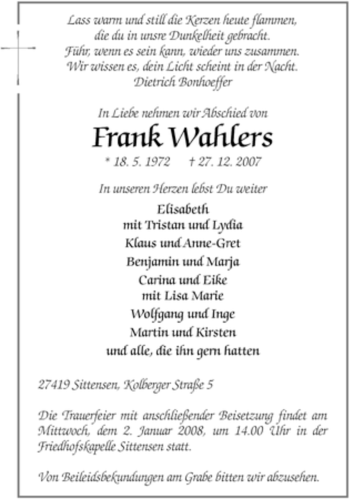 Traueranzeige von Frank Wahlers von KREISZEITUNG SYKE