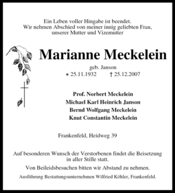 Traueranzeige von Marianne Meckelein von KREISZEITUNG SYKE