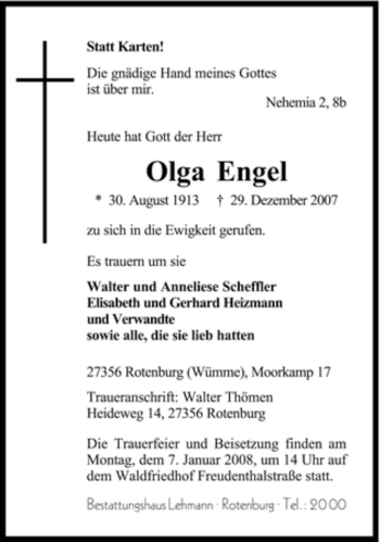 Traueranzeige von Olga Engel von KREISZEITUNG SYKE