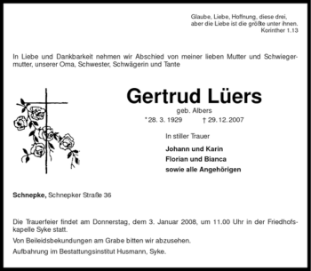 Traueranzeige von Gertrud Lüers von KREISZEITUNG SYKE